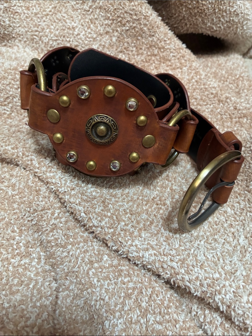 Studded Brown Leather Belt with Brass Ring Detail